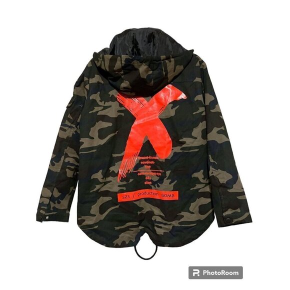 SZS Hooded Camo Jacket XL Canvas Oversized Gorpcore Graphic Print Spellout - Picture 9 of 13